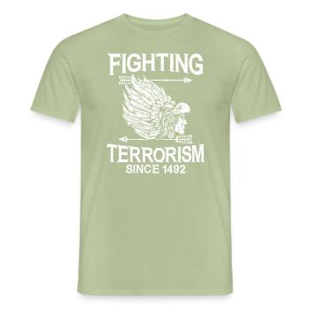 Fighting Terrorism Since 1492 Native American - Men's T-Shirt - sage - Front - AI Model Male 178 light (178cm)