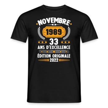 Cadeau D'anniversaire Rétro 33 Ans Novembre 1989 - T-shirt homme - noir - Devant - AI Model Male 178 light (178cm)