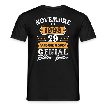 Cadeau D'anniversaire 29 Ans Novembre 1993 Rétro - T-shirt homme - noir - Devant - AI Model Male 178 light (178cm)