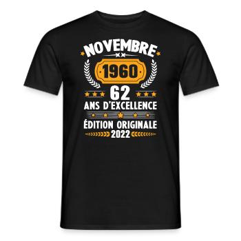 Cadeau D'anniversaire Rétro 62 Ans Novembre 1960 - T-shirt homme - noir - Devant - AI Model Male 178 light (178cm)