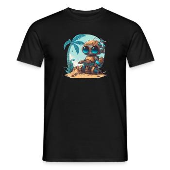 Ein kleiner Roboter am Strand unter einer Palme - Männer T-Shirt - Schwarz - Vorne - AI Model Male 178 light (178cm)