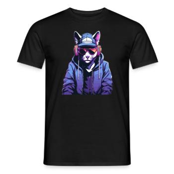Techno Party Cat Cyberpunk DJ - Men's T-Shirt - black - Front - AI Model Male 178 light (178cm)