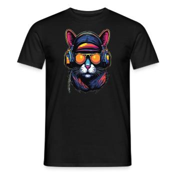 EDM Music Festival Cyberpunk DJ Cat Rave - Men's T-Shirt - black - Front - AI Model Male 178 light (178cm)