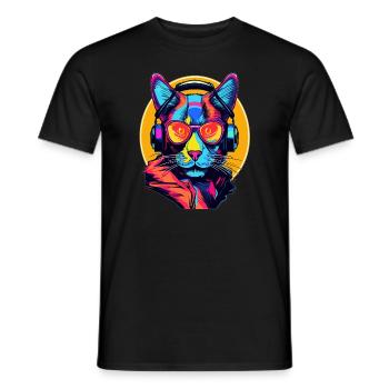 Party Cat Music Lover Techno Raver - Men's T-Shirt - black - Front - AI Model Male 178 light (178cm)