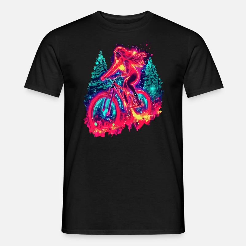 Synthwave Mountainbike Mädchen Waldfahrt - Männer T-Shirt - Schwarz