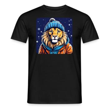 Cool lion with winter hat and snow - Men's T-Shirt - black - Front - AI Model Male 178 light (178cm)