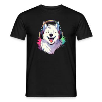 Cheerful EDM Samoyed DJ Rave - Men's T-Shirt - black - Front - AI Model Male 178 light (178cm)
