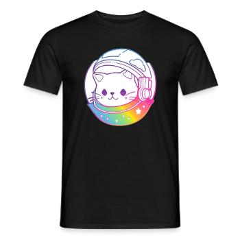 Retro Cosmos Astronaut Rainbow Cat Trippy Rave - Men's T-Shirt - black - Front - AI Model Male 178 light (178cm)