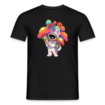 Cute Astronaut Kitty Mushroom Art EDM Party - Men's T-Shirt - black - Front - AI Model Male 178 light (178cm)