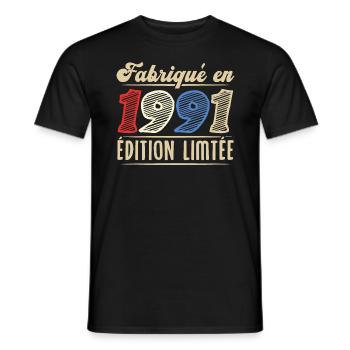Fabriqué en 1991, Vintage cadeau d'anniversaire - T-shirt homme - noir - Devant - AI Model Male 178 light (178cm)