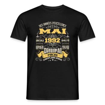 Anniversaire Vintage Né(e) en Mai 1992 - T-shirt homme - noir - Devant - AI Model Male 178 light (178cm)