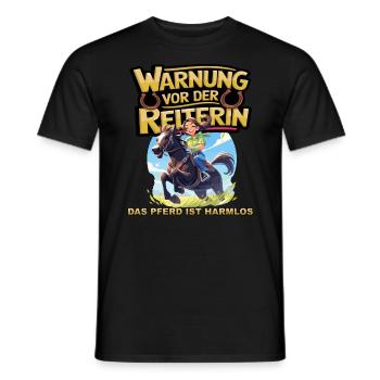 Vorsicht vor der Reiterin, das Pferd ist harmlos - Männer T-Shirt - Schwarz - Vorne - AI Model Male 178 light (178cm)