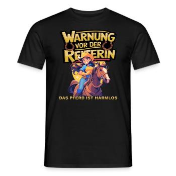 Vorsicht vor der Reiterin, das Pferd ist harmlos - Männer T-Shirt - Schwarz - Vorne - AI Model Male 178 light (178cm)