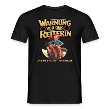 Vorsicht vor der Reiterin, das Pferd ist harmlos - Männer T-Shirt - Schwarz - Vorne - AI Model Male 178 light (178cm)