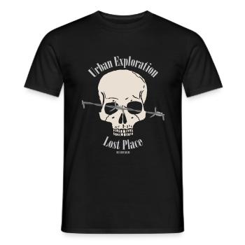 Urbex skull with advertising - Men's T-Shirt - black - Front - AI Model Male 178 light (178cm)