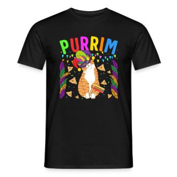 Happy Purim Shirt, Purrim Cat Jester Hat Gragger - Men's T-Shirt - black - Front - AI Model Male 178 light (178cm)