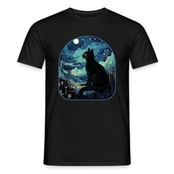 Cosmic Gaze Cat Stargazing from a Mushroom - Men's T-Shirt - black - Front - AI Model Male 178 light (178cm)