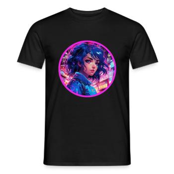 Japanese Anime Cyber Girl Vaporwave Neon Glitch - Men's T-Shirt - black - Front - AI Model Male 178 light (178cm)