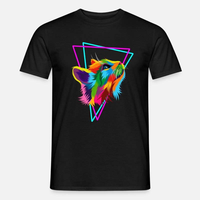 Synth Cat colorfull 80`s neon retrostyle - Männer T-Shirt - Schwarz