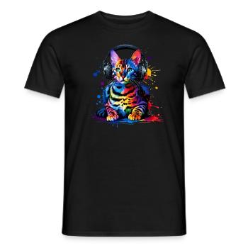 Bunte Splash Art Kopfhörer Bengalische Katze - Männer T-Shirt - Schwarz - Vorne - AI Model Male 178 light (178cm)
