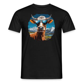 A cow in sunglasses in the mountains - Men's T-Shirt - black - Front - AI Model Male 178 light (178cm)