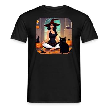 Halloween Hexe beim Joga mit schwarzen Katzen - Männer T-Shirt - Schwarz - Vorne - AI Model Male 178 light (178cm)