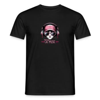 Chat de dessin animé avec des écouteurs et des lunettes de soleil - T-shirt homme - noir - Devant - AI Model Male 178 light (178cm)