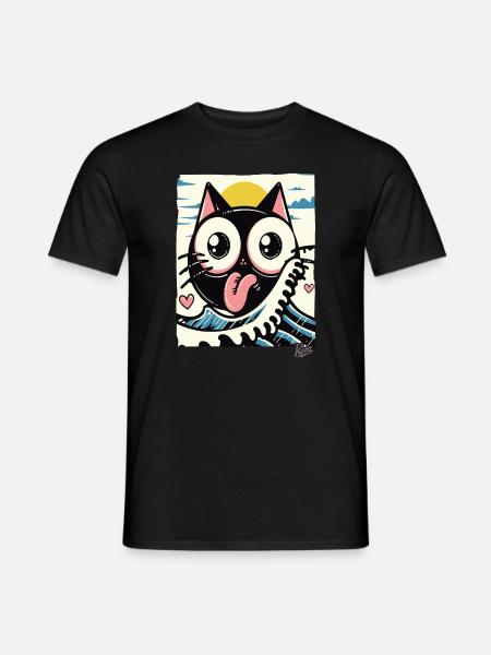 Japanese waves loving black cat - Men's T-Shirt - black