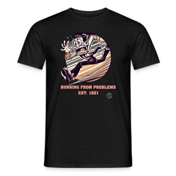 Vintage cartoon man fleeing from problems - Men's T-Shirt - black - Front - AI Model Male 178 light (178cm)