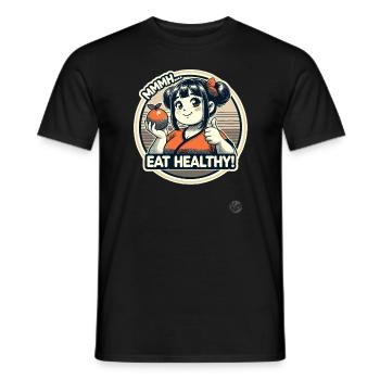 Cheerful healthy cartoon girl with fruit - Men's T-Shirt - black - Front - AI Model Male 178 light (178cm)