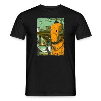 Cartoon of a sci-fi dystopia with robot - Men's T-Shirt - black - Front - AI Model Male 178 light (178cm)