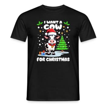 Little cow with cap celebrating Christmas in the snow - Men's T-Shirt - black - Front - AI Model Male 178 light (178cm)