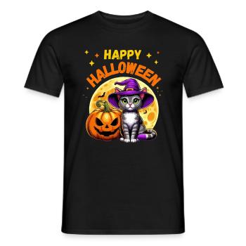 Cat with Witch Hat and Pumpkin Celebrates Halloween - Men's T-Shirt - black - Front - AI Model Male 178 light (178cm)