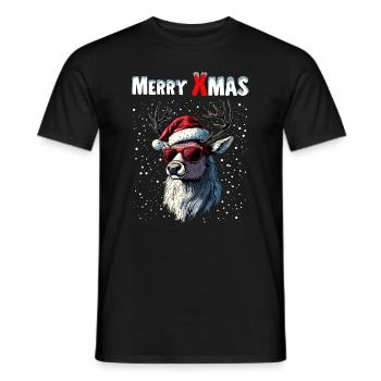 Rentier mit Weihnachtsmütze wünscht Merry Xmas - Männer T-Shirt - Schwarz - Vorne - AI Model Male 178 light (178cm)