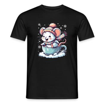 Niedliche Maus in Tasse fährt Schlitten auf Schnee - Männer T-Shirt - Schwarz - Vorne - AI Model Male 178 light (178cm)