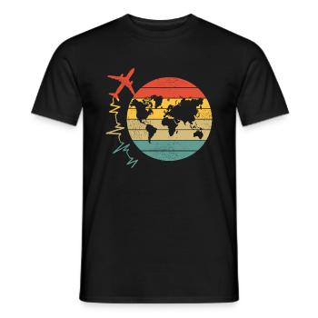 Airplane Pilot Flyer World Map Heartbeat Travel - Men's T-Shirt - black - Front - AI Model Male 178 light (178cm)