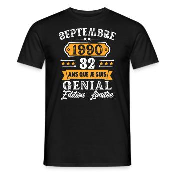 Cadeau D'anniversaire 32 Ans Septembre 1990 Rétro - T-shirt homme - noir - Devant - AI Model Male 178 light (178cm)
