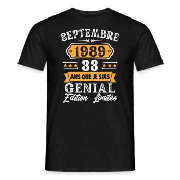 Cadeau D'anniversaire 33 Ans Septembre 1989 Rétro - T-shirt homme - noir - Devant - AI Model Male 178 light (178cm)