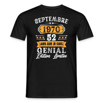 Cadeau D'anniversaire 52 Ans Septembre 1970 Rétro - T-shirt homme - noir - Devant - AI Model Male 178 light (178cm)