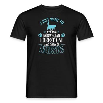 Caresser mon chat de la forêt norvégienne et écouter de la musique - T-shirt homme - noir - Devant - AI Model Male 178 light (178cm)
