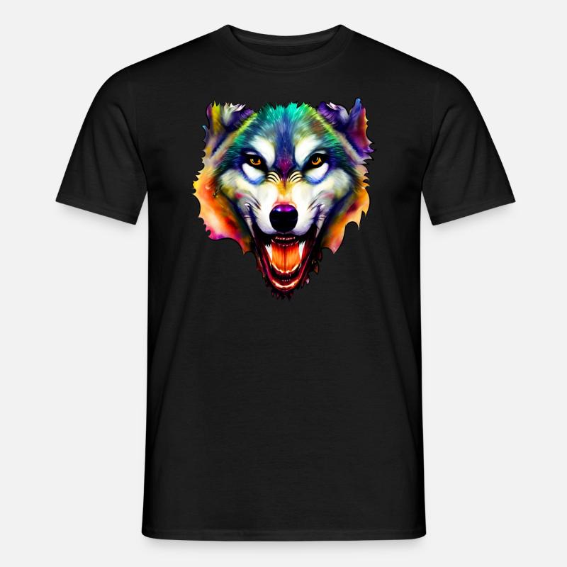 Wolfs Gesicht bunt Aquarell Wolfskopf - Männer T-Shirt - Schwarz