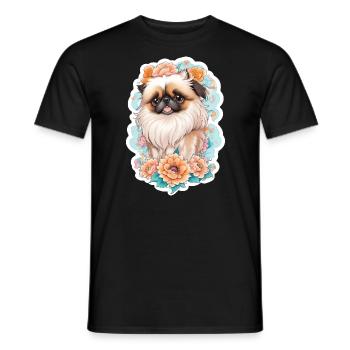 Pekingese dog with flower wreath motif - Men's T-Shirt - black - Front - AI Model Male 178 light (178cm)