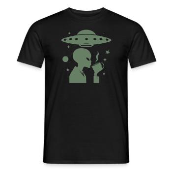 Alien Silhouette with Coffee & UFO - Men's T-Shirt - black - Front - AI Model Male 178 light (178cm)