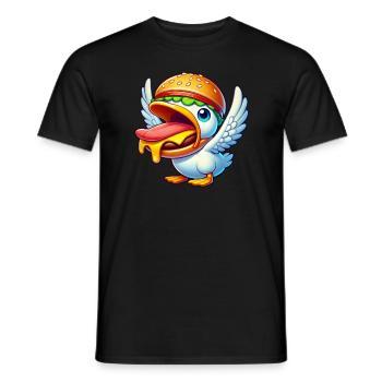Funny duck with burger on its head - Men's T-Shirt - black - Front - AI Model Male 178 light (178cm)
