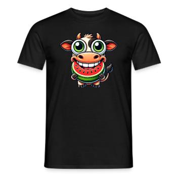 Mignon dessin animé de taureau de vache avec pastèque - T-shirt homme - noir - Devant - AI Model Male 178 light (178cm)