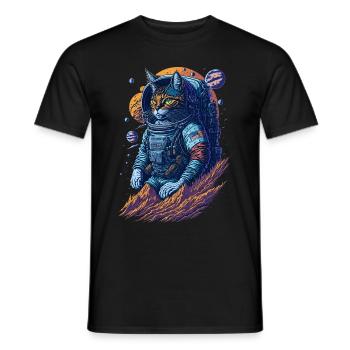 Illustration einer Katze im Raumanzug - Männer T-Shirt - Schwarz - Vorne - AI Model Male 178 light (178cm)