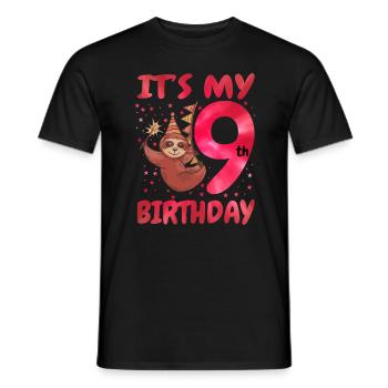 9th Birthday Cute Sloth Party Hat Theme - Men's T-Shirt - black - Front - AI Model Male 178 light (178cm)