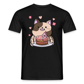 Un chat potelé tient un gâteau d’anniversaire 6. - T-shirt homme - noir - Devant - AI Model Male 178 light (178cm)