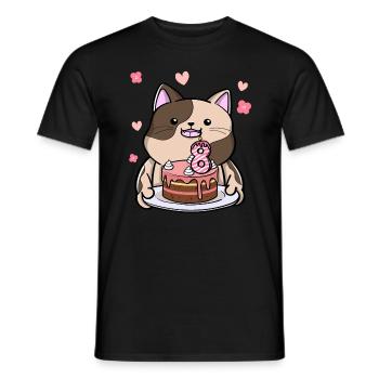 Un chat potelé tient un gâteau d’anniversaire 8. - T-shirt homme - noir - Devant - AI Model Male 178 light (178cm)