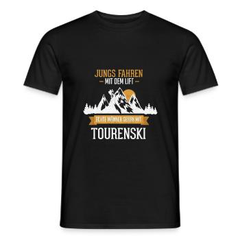 Jungs fahren mit dem Lift - echte Männer Tourenski - Männer T-Shirt - Schwarz - Vorne - AI Model Male 178 light (178cm)